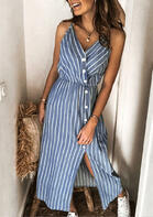 Striped Button Slit Ruffled Maxi Dress without Necklace