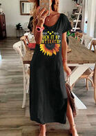 Suck It Up Buttercup Sunflower Heart Slit Maxi Dress without Necklace - Black