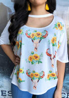 Floral Bull Skull Hollow Out Blouse - White