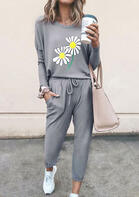 Daisy Long Sleeve T-Shirt And Drawstring Pocket Pants - Gray