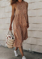 Leopard Ruffled Button Open Back Halter Maxi Dress - Light Brown