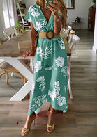 Floral Zipper Irregular V-Neck Maxi Dress without Necklace - Light Green