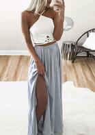 Criss-Cross Open Back Ruffled Slit Halter Maxi Dress - White