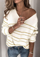 Striped V-Neck Knitted Loose Sweater - White