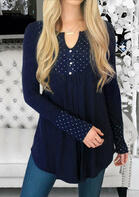 Polka Dot Ruffled Button Long Sleeve Blouse - Navy Blue