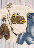 Leopard Printed Pumpkin Sunflower T-shirt Tee - Beige