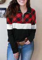 Plaid Color Block Zipper Collar Blouse