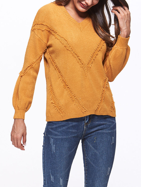 Yoins Yellow Pullover V-neck Long Sleeves Sweater