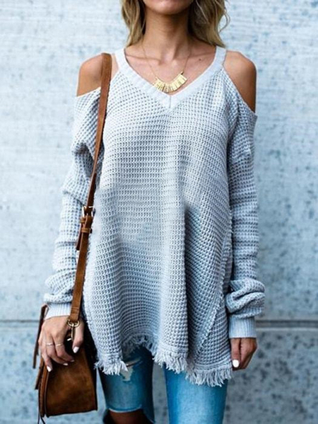 Yoins Cold Shoulder Tassel Hem Long Sleeves Sweater