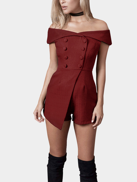 Yoins Burgundy Off Shoulder Playsuit with Button Design