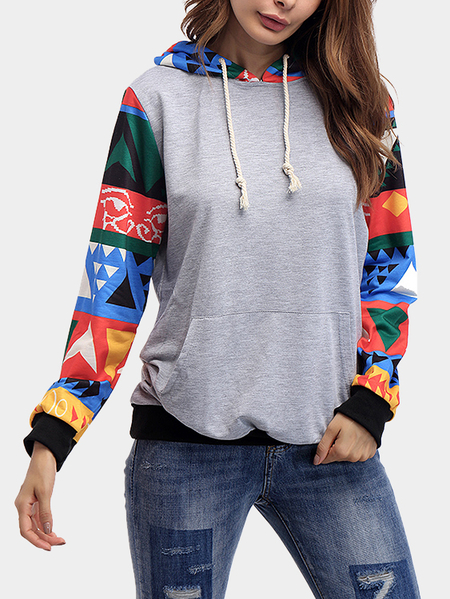 Yoins Grey Geometrical Pattern Hooded Drawstring Sweatshirt