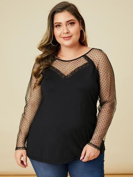 YOINS Plus Size Black Patchwork Mesh Tee