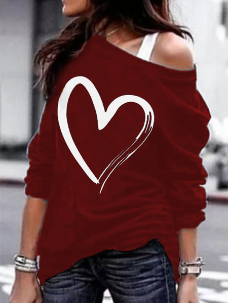 Yoins Burgundy Heart Print Cold Shoulder Long Sleeves Tee