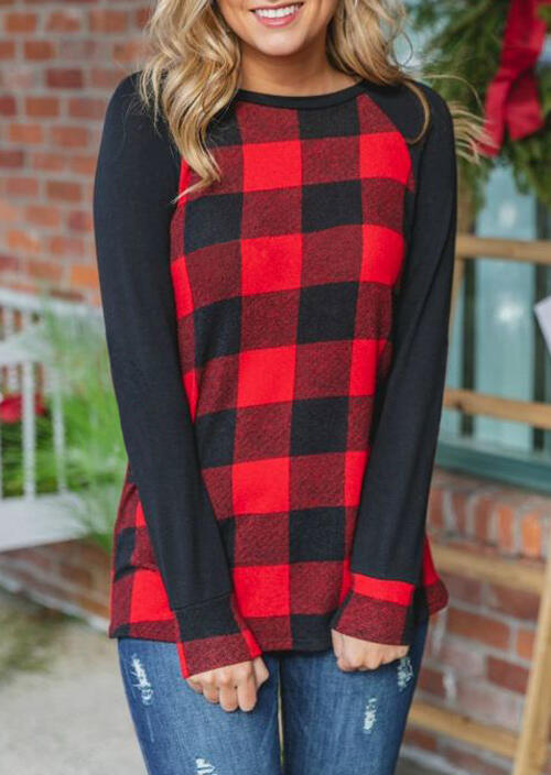 Black Long Sleeve Spliced Red Black Plaid T-Shirt For Women in Red. Size: S,M,L,XL