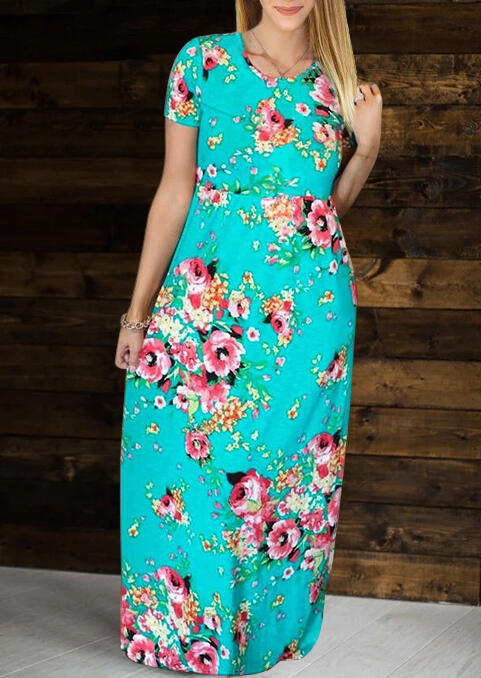 Maxi Dresses Floral Ruffled Pocket Maxi Dress without Necklace in Green. Size: S,M,L