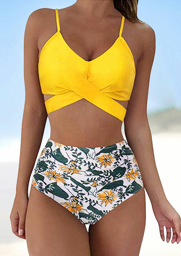 Bikini Sets Criss-Cross Floral High Waist Bikini Set - Yellow. Size: L,XL