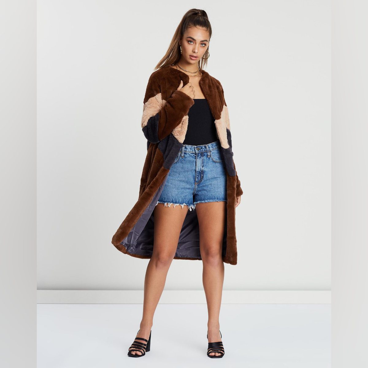 Longline Colour Block Faux Fur Coat