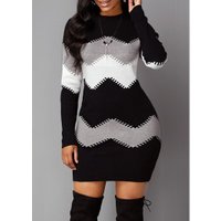 Mock Neck Long Sleeve Chevron Pattern Sweater Dress