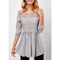 Lace Panel Long Sleeve Keyhole Back T Shirt