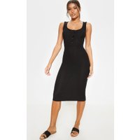 Black Brushed Rib Popper Front Midi Dress