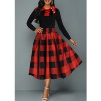 ROTITA High Waist Plaid Print Long Sleeve Dress