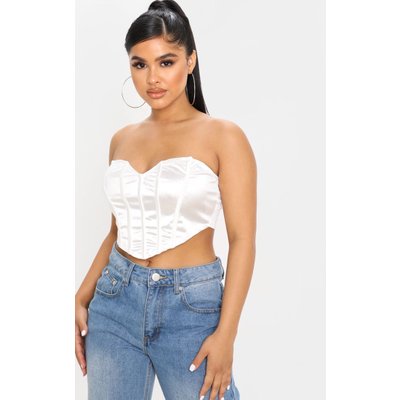 Petite White Satin Corset Curved Hem Crop Top