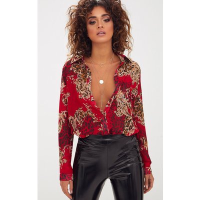 Red Baroque Print Chiffon Oversized Shirt