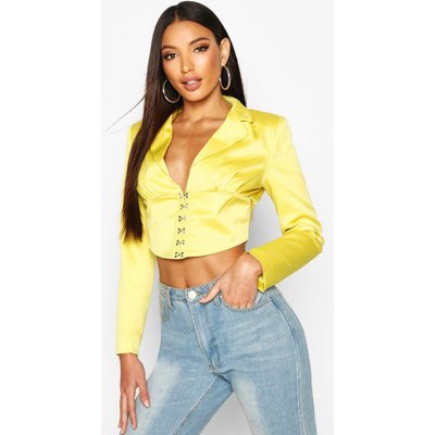 Satin Corset Detail Cropped Blazer, Yellow