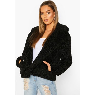 Premium Textured Collared Faux Fur Coat, Black