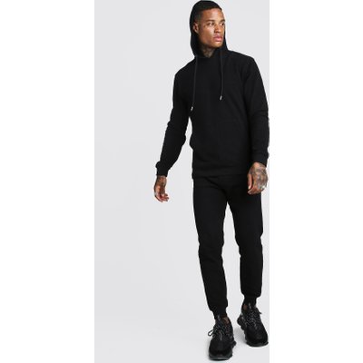 Mens Black Pique Hooded Skinny Tracksuit, Black