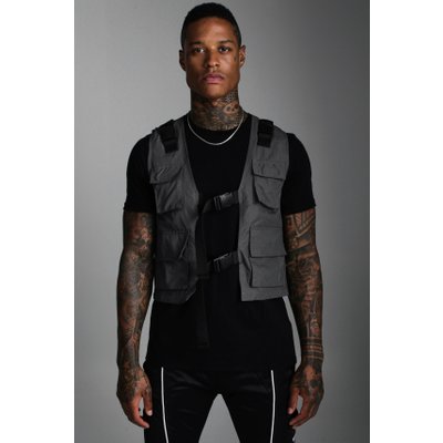 Mens Grey Nylon Utility Vest With Buckles, Grey