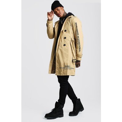 Mens Beige Trench Coat With Print Detail, Beige