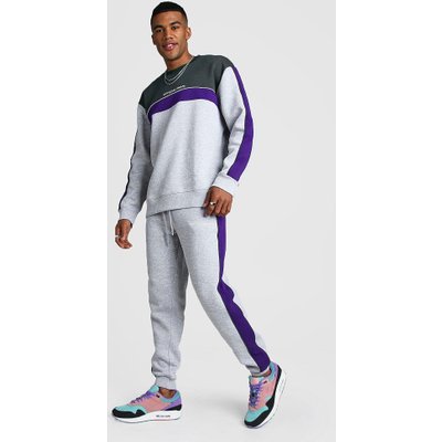 Mens Grey Official MAN Colour Block Loose Fit jumper Tracksuit, Grey