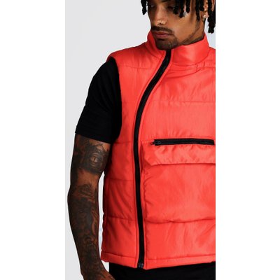 Mens Orange Funnel Neck Padded Gilet With Centre Pocket, Orange