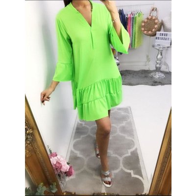 Parisa Plain Frill Flowy Smock Dress - Neon Green