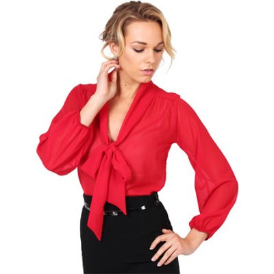 Krisp  Long Sleeve Pussybow Chiffon Blouse  women's Shirt in Red