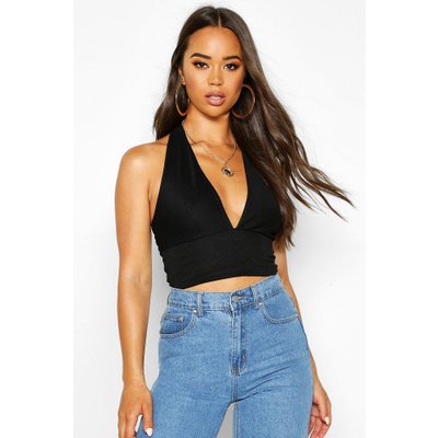 Ribbed Plunge Bandage Waist Crop, Black