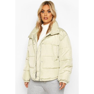 Plus Funnel Neck Cropped Puffer Jacket, Green