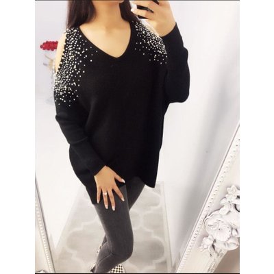 Jamina Stud Knitted Cold Shoulder Jumper - Black