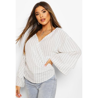 Pinstripe Wrap Tie Frill Sleeve Shirt, White