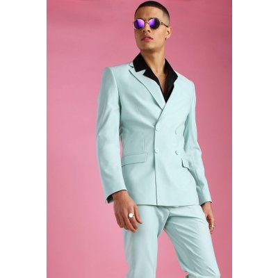 Mens Green Skinny Plain Double Breasted Suit Jacket, Green