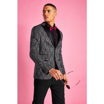 Mens Black Skinny Prom Paisley Jacquard Blazer, Black