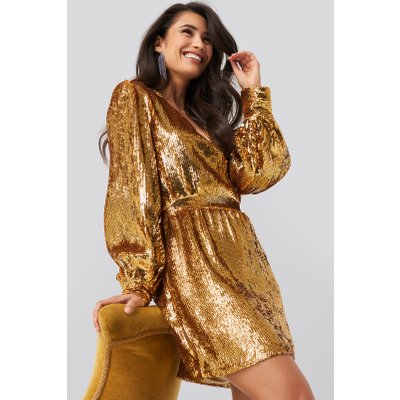 NA-KD Party Heavy Sequin V-Neck Dress - Gold