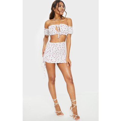 White Printed Jersey Ruched Tie Side Mini Skirt