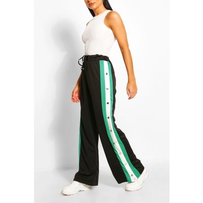 Contrast Panel Popper Wide Leg Joggers, Green