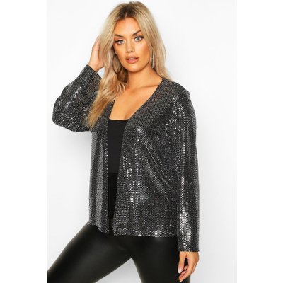 Plus Sequin Metallic Collarless Jacket, Grey