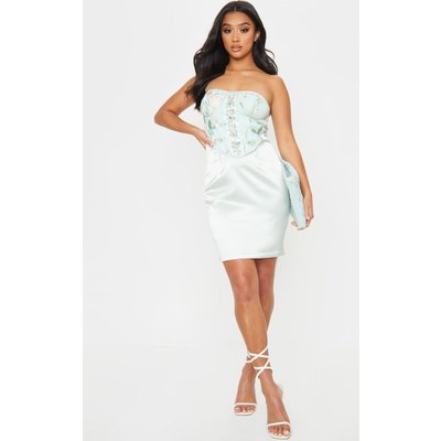 Petite Sage Green Embroidered Lace Up Satin Mini Dress