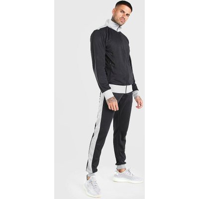 Mens Black Contrast Funnel Neck Zip Through Tracksuit, Black