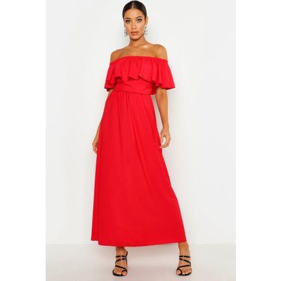 Woven Bardot Frill Maxi Dress, Red