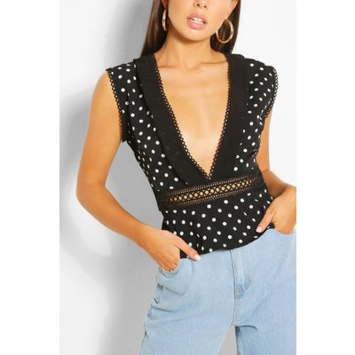 Womens Woven Polka Dot And Ruffle Peplum Top - Black - 6, Black